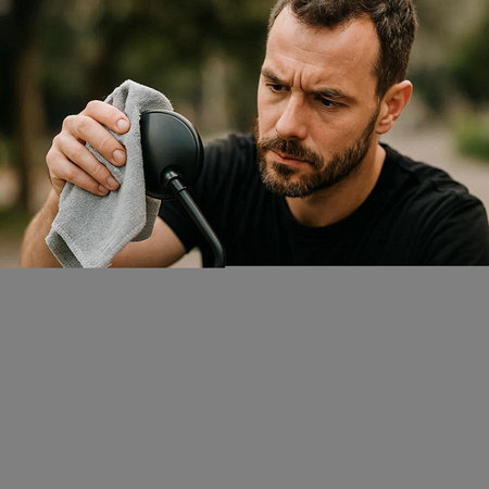 Athletic man in black t-shirt with a towel on his shoulders wipes his face with a microfiber cloth.の写真素材