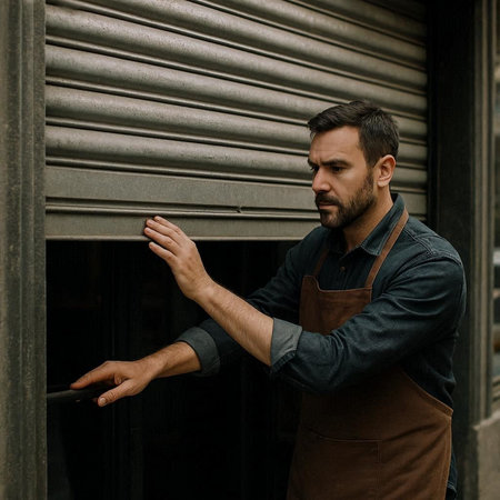 Handsome bearded man in apron and apron standing near door and looking away