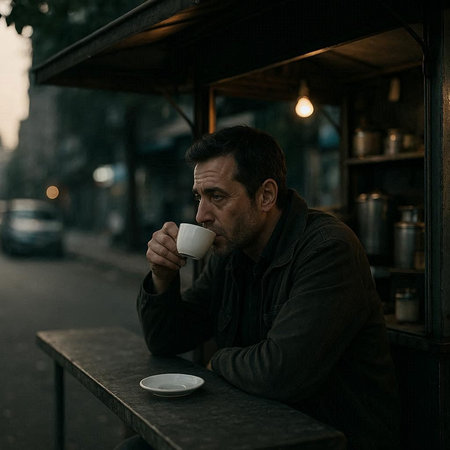 Handsome middle aged man drinking coffee in a street cafe.の写真素材