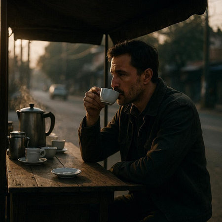 Handsome man drinking coffee in the street. Man with cup of coffee in his hand.の写真素材
