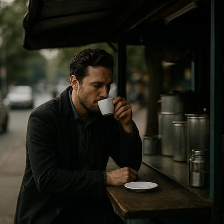 Handsome young man drinking coffee in the city. Businessman sitting at a table in a cafe.