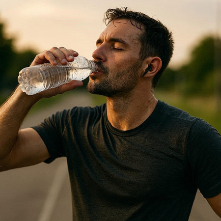 Athletic man drinking water after jogging in the park