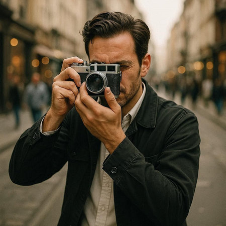 Handsome man with vintage camera on the street in Paris, France