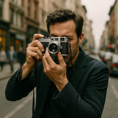 Handsome man taking photos with vintage camera on the street.