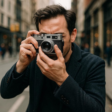 Handsome man taking a picture with vintage camera in the city