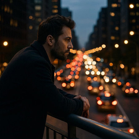 Handsome young man in a black jacket smoking a cigarette in the city at night