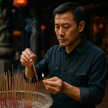 Asian man lighting incense sticks in a temple in the evening.の写真素材