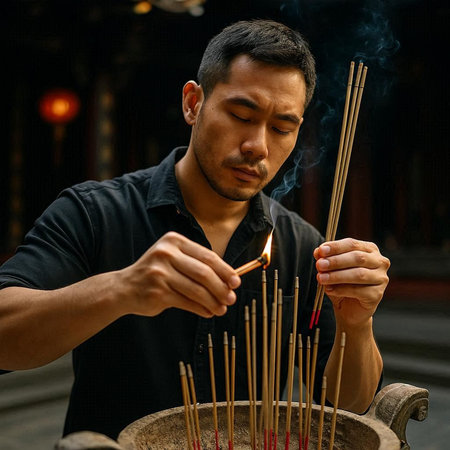 Asian man lighting incense stick in a Chinese temple, close up
