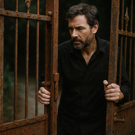 Portrait of a man with a beard in a black shirt standing near an old rusty door.
