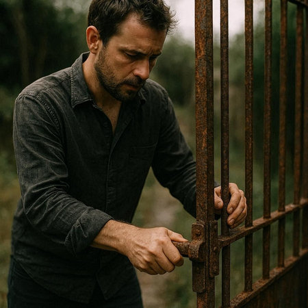 Handsome bearded man in a black shirt is standing near an old rusty gate.