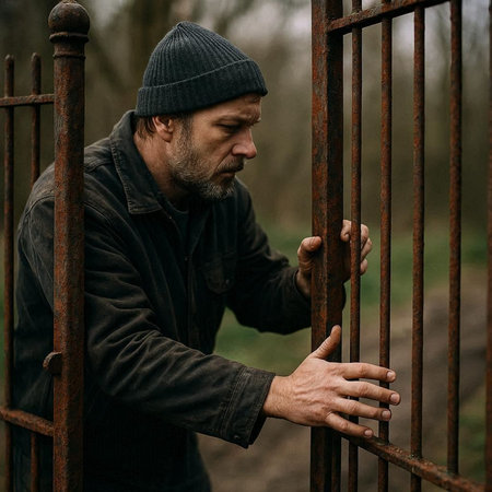 A man with a beard in a black jacket and a gray hat is standing next to a rusty fence in a park.