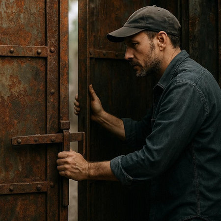 Portrait of a bearded man in a cap and jeans shirt standing next to an old rusty door.