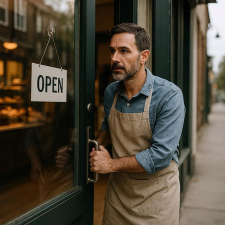 handsome mature man in apron holding open signboard in cafe