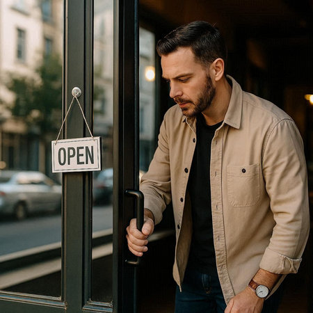 bearded man in beige jacket holding open sign on door in city