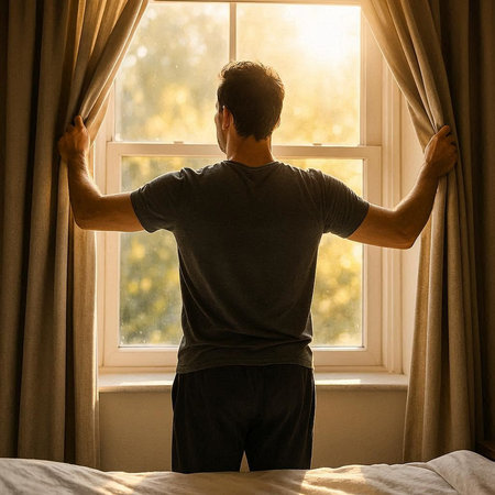 Back view of a young man opening window curtains in the morning.の写真素材