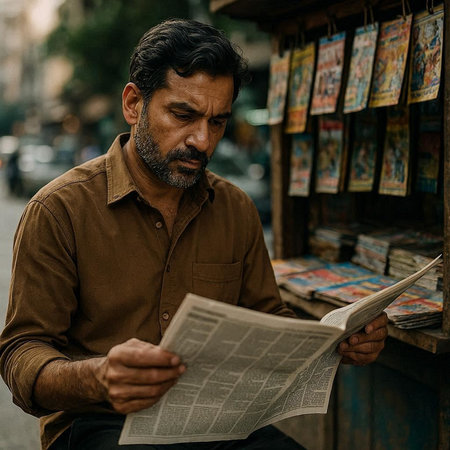 Handsome bearded Indian man reading a newspaper on the street.