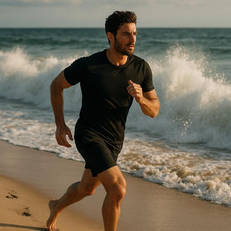 Handsome young man running on the beach by the ocean. Healthy lifestyle.