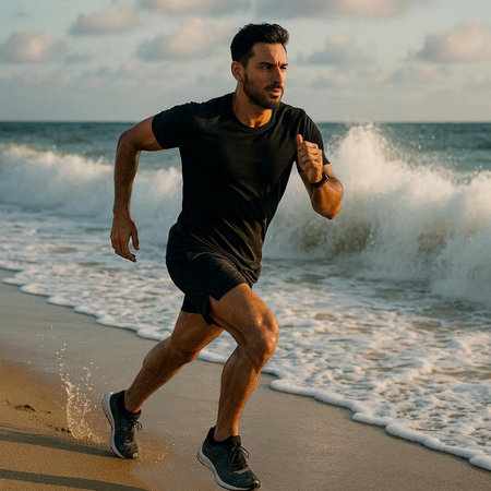 Young handsome man running on the beach. Fitness and healthy lifestyle.