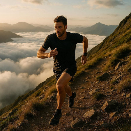 Athletic man jogging on mountain trail at sunrise.