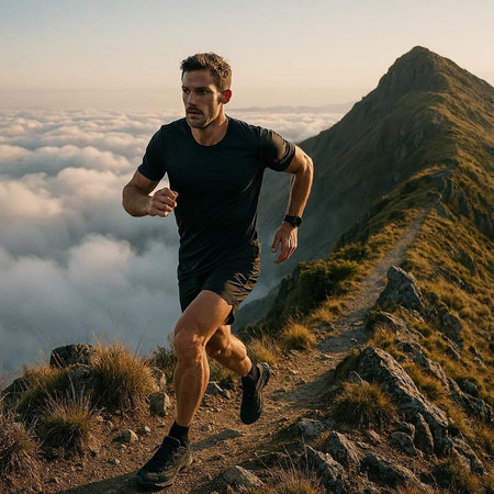 Athletic man running on a mountain trail in the morning