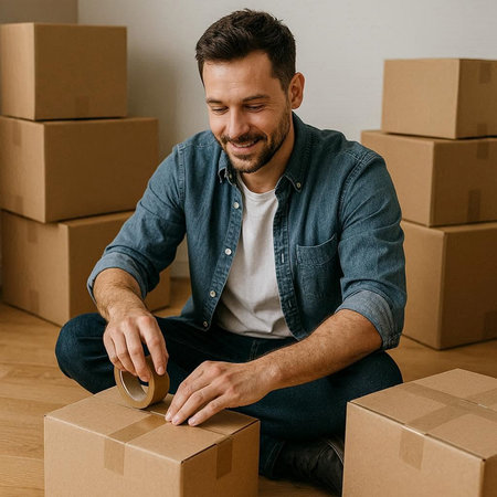 selective focus of smiling man using tape measure while packing cardboard boxの写真素材