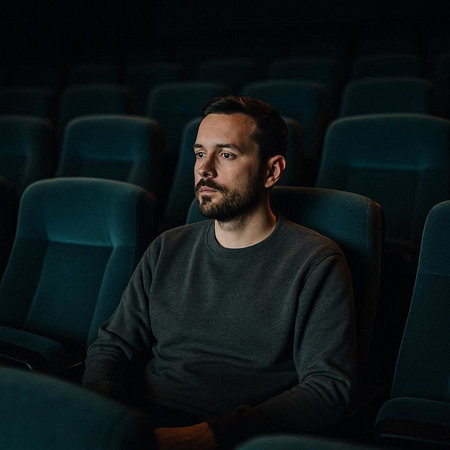 Portrait of a young man sitting in the cinema and watching movie