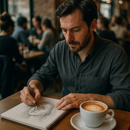 A bearded man in a blue shirt is sitting in a cafe with a cup of coffee and drawing a picture.の写真素材