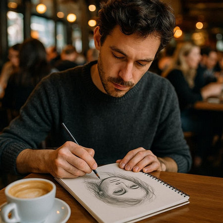 Young handsome man drawing a picture of a woman in a cafe.