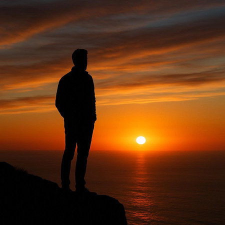 Silhouette of a man standing on the edge of a cliff at sunsetの写真素材