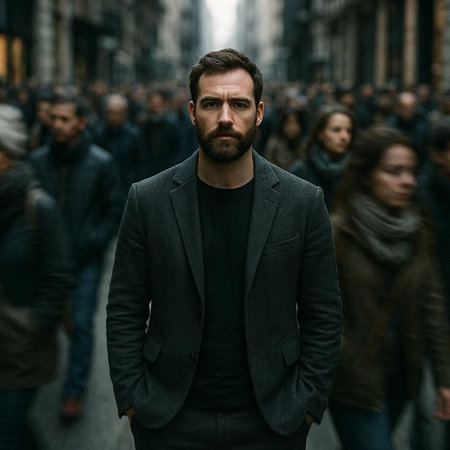 A man with a beard on a background of people walking in the city