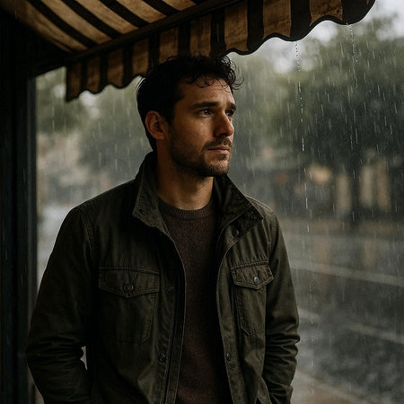 Portrait of a handsome young man with dark hair and beard, wearing a black leather jacket, standing...