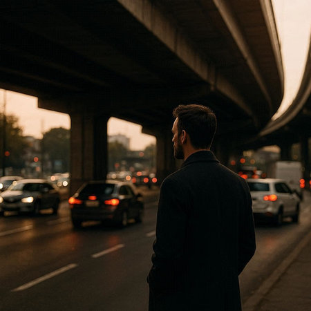 Back view of a businessman standing under a bridge in the evening.