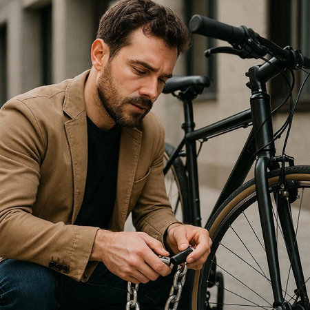 handsome bearded man in brown jacket holding chain near bicycle on street