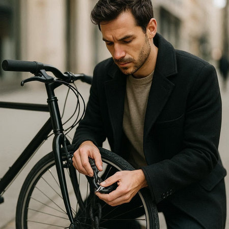 handsome young man in coat with bicycle in city, looking at mobile phoneの写真素材