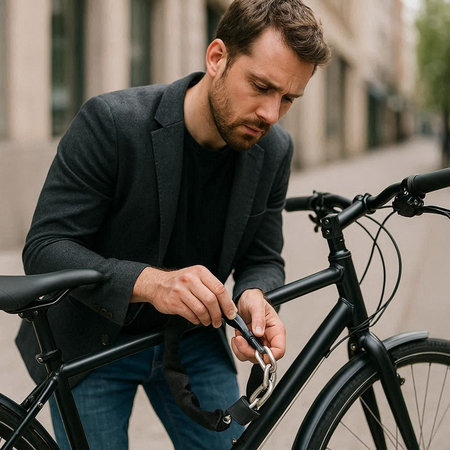 handsome bearded man in formal wear using smartphone while standing near bicycleの写真素材