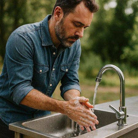 Handsome man washing his hands with soap in the kitchen sinkの写真素材