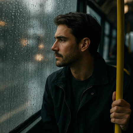 Portrait of a handsome young man in a bus. Rainy day.の写真素材