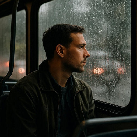 Handsome man in raincoat looking away while sitting on the bus