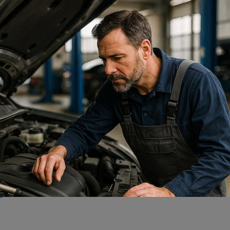 Portrait of mature mechanic working in auto repair shop. Man checking car engine.の写真素材