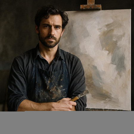 Portrait of a handsome man with a beard and mustache in a black shirt with a paint brush in his hand.の写真素材