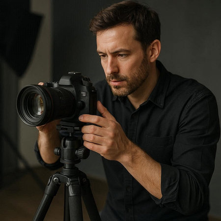 Handsome young man with a beard and mustache in a black shirt is holding a professional camera on a...