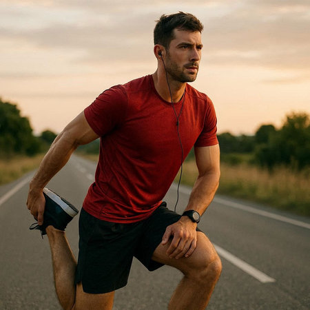 Handsome young man running on the road at sunset. Sport and healthy lifestyle.の写真素材