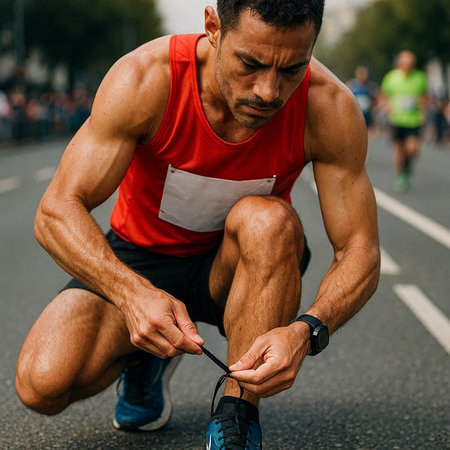 Running athlete tying shoelaces on his shoelaces. Athlete tying shoelaces before running.