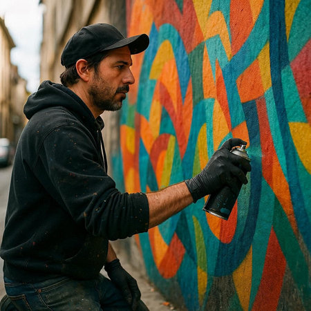 A graffiti artist paints graffiti on a wall in the city. Street art.の写真素材