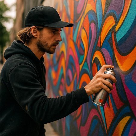 A graffiti artist with a spray can in his hands paints graffiti on a wall.の写真素材