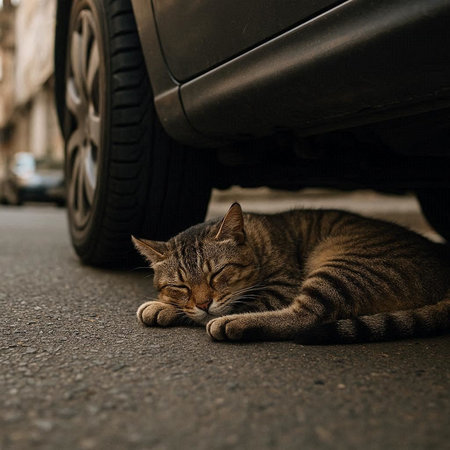 Cute tabby cat sleeping on the asphalt under the car.
