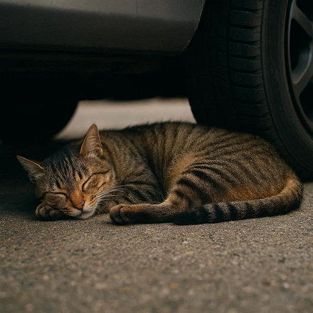 Cat sleeping on the ground near the car. Selective focus.の写真素材