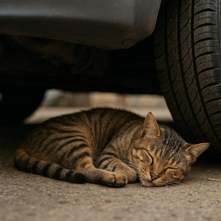 Cute tabby cat sleeping under the car. Close up.