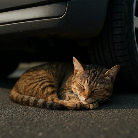 Cute cat sleeping on the road with car tire in the background