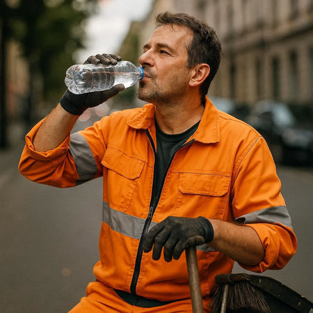 Mature man in orange overalls drinking water from a plastic bottle.